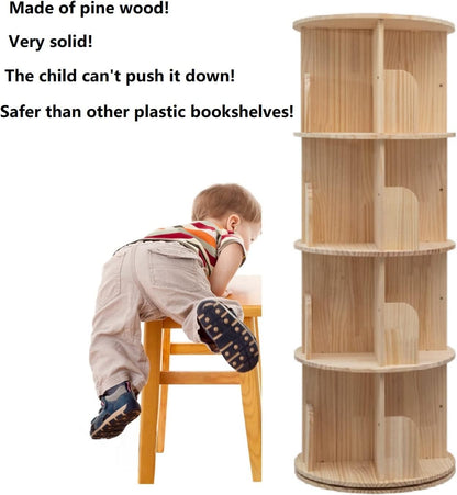 Heehee Roterende Boekenplank 360 Display 4 Tier Vloerstaande Boekenkast Opbergrek voor Kinderen & Volwassenen Massief Houten Boekenplank Organizer