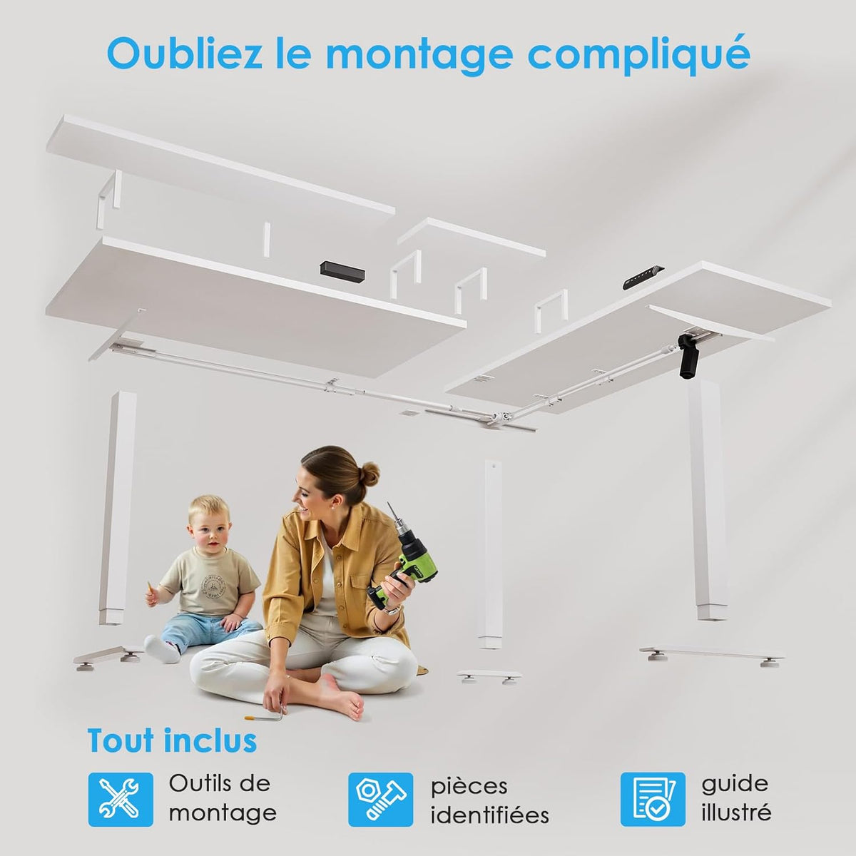 OffiGo Desk Height Adjustable, 150 x 120 cm Corner Desk Electric Standing Desk with Monitor Holder, L-Shape Electric Standing Desk with Power Outlets, Computer Desk with LED for Office, White - QUORE
