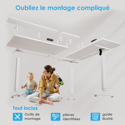 OffiGo Desk Height Adjustable, 150 x 120 cm Corner Desk Electric Standing Desk with Monitor Holder, L-Shape Electric Standing Desk with Power Outlets, Computer Desk with LED for Office, White - QUORE