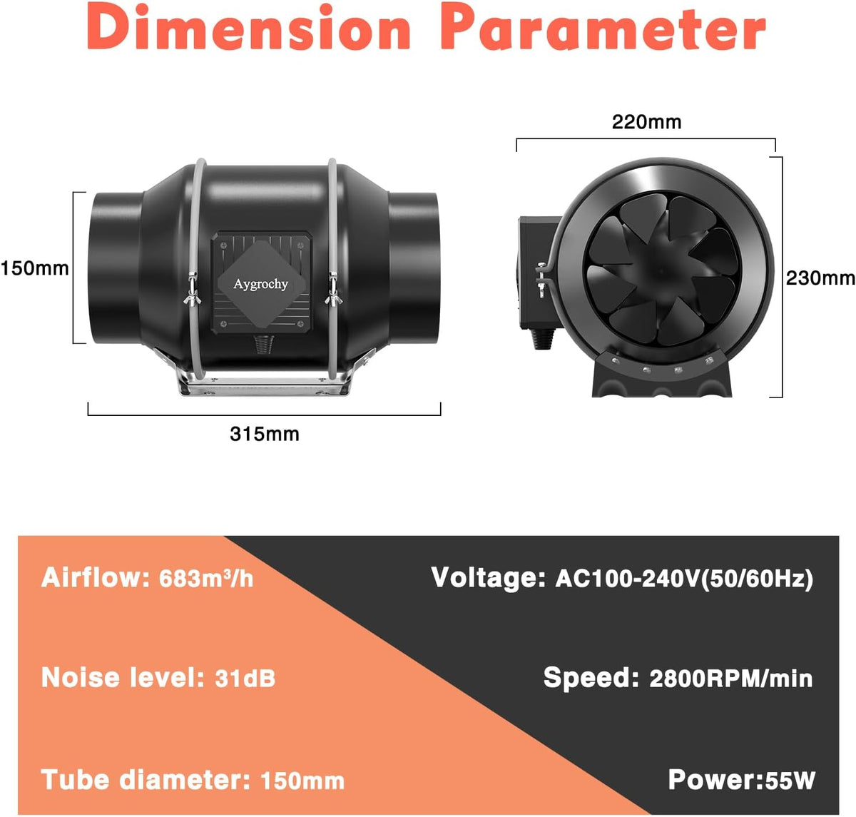 Buisventilator 150 mm – Afvoerventilator, Inline Ventilator, Kanaalventilator, Afzuigventilator – Traploos Regelbaar 0-100% – Energiezuinige EC-Motor