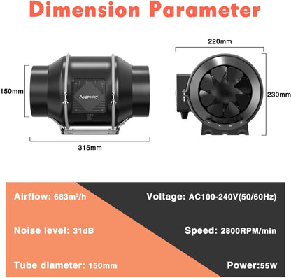Buisventilator 150 mm – Afvoerventilator, Inline Ventilator, Kanaalventilator, Afzuigventilator – Traploos Regelbaar 0-100% – Energiezuinige EC-Motor