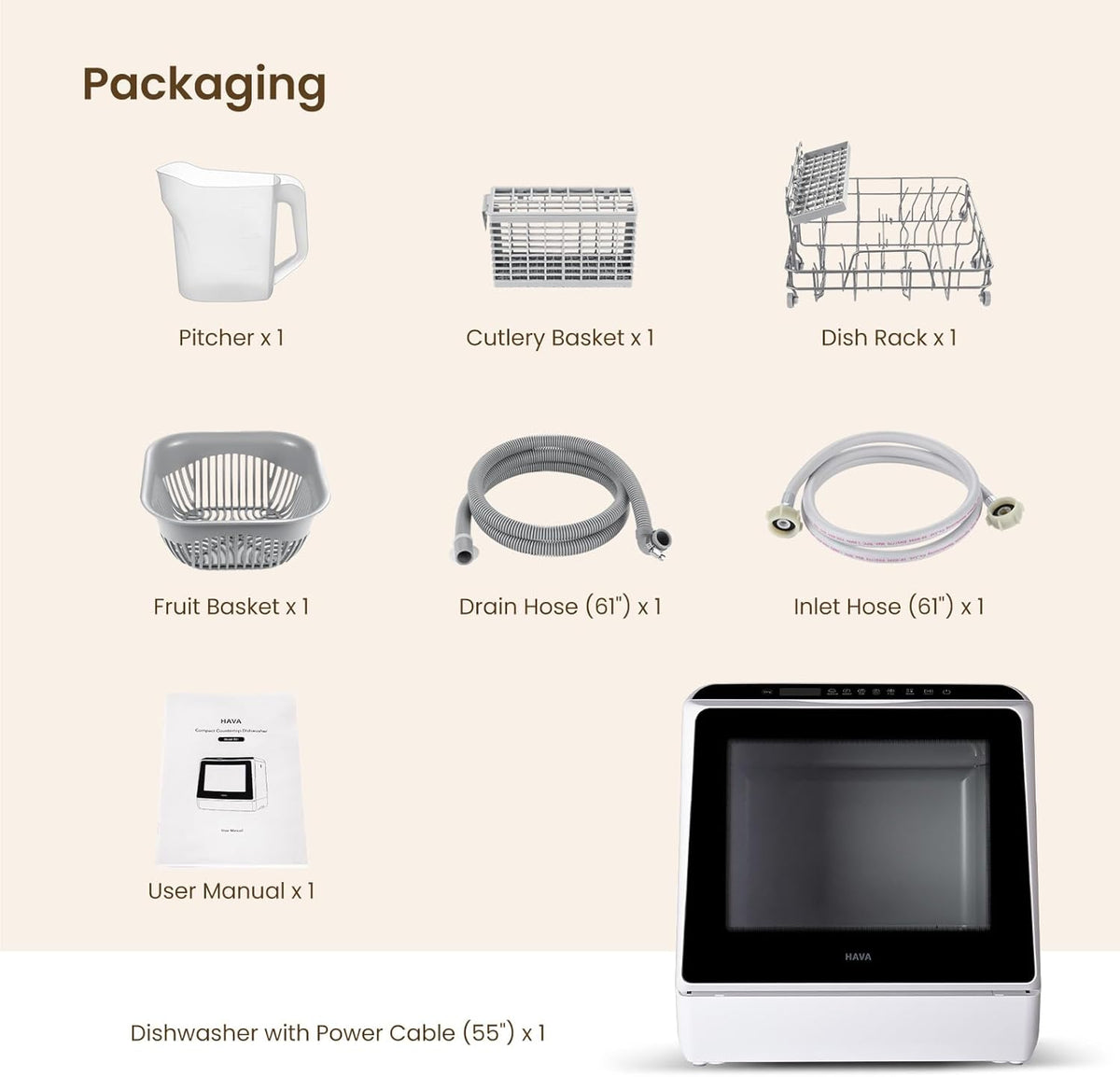 HAVA Tabletop dishwasher, mini dishwasher with 6 programs and built-in 5 litre water tank, no connection required, baby supplies and air drying function for homes and motorhomes