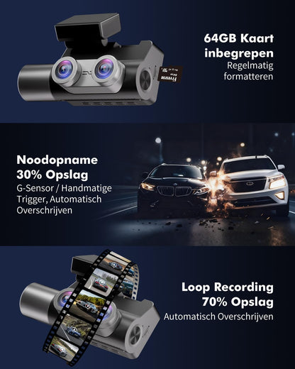 3-Kanaals Dashcam Auto, 4K UHD Voorkant + Full HD Achter + Interieur, Dashcam met 24u Parkeerbewaking, WiFi 6 & GPS, HDR/WDR Nachtzicht, 3 inch IPS dash cam met 64GB kaart (V1)