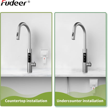 Waterkraan met doorstroomboiler, 3,3 kW digitaal display, elektrische waterkraan met 360° rotatie en 10 inch uittrekbare slang en 2 sproeimodi, 220-240 V, 30-45 °C, zilver
