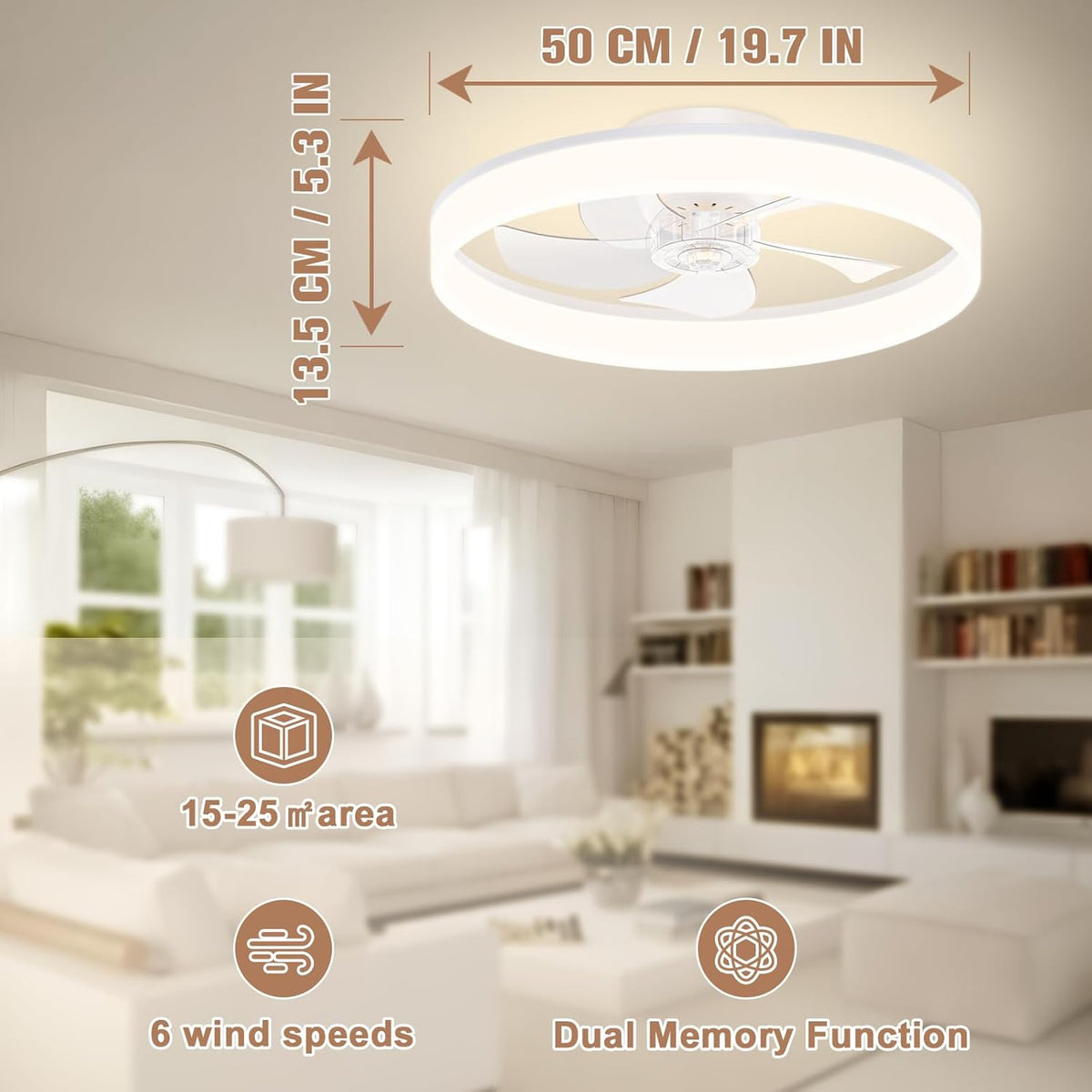 VOLISUN Plafondventilator met verlichting en afstandsbediening, 6 windniveaus en dimbaar, moderne plafondlamp met ventilator, stille led-plafondventilator voor slaapkamer en woonkamer (zwart, 50 cm)