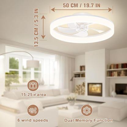 VOLISUN Plafondventilator met verlichting en afstandsbediening, 6 windniveaus en dimbaar, moderne plafondlamp met ventilator, stille led-plafondventilator voor slaapkamer en woonkamer (zwart, 50 cm)