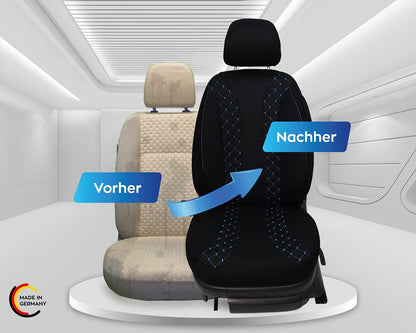 BREMER SITZBEZÜGE Autostoelhoezen compatibel met VW Golf 7, bestuurder en passagierset vanaf 2012-2020, autostoelhoezen, set van 2 stuks, in zwart/blauwe naad (N306)