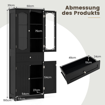 FANTASK Badkamerkast voor woonkamer, badkamer, keuken, vrijstaande hoge kast met kantelbeveiliging en 4 deuren en lade en verstelbare plank, 60 x 30 x 160 cm