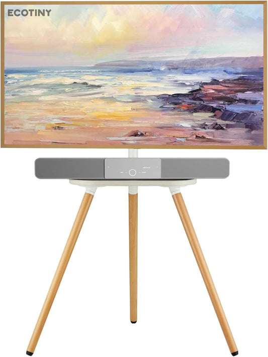 Driepotige tv-standaard voor 40 tot 65 inch lcd-led-oled-beeldscherm, in hoogte verstelbaar en draaibare vloer-tv-standaard, hoek-tv-standaard met houten blad, VESA 400 x 400 mm, wit