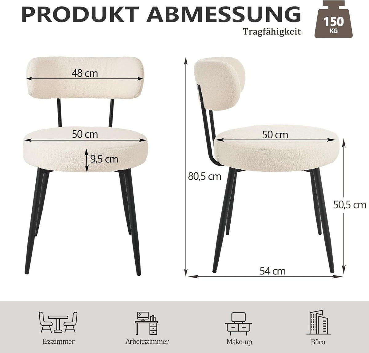 Set van 2 Bouclé Teddy eetkamerstoelen, gestoffeerd, moderne keukenstoelen zonder armleuning en metalen poten, beige, comfortabele gestoffeerde stoelen voor eetkamer en keuken