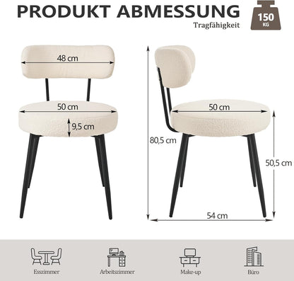 Set van 2 Bouclé Teddy eetkamerstoelen, gestoffeerd, moderne keukenstoelen zonder armleuning en metalen poten, beige, comfortabele gestoffeerde stoelen voor eetkamer en keuken