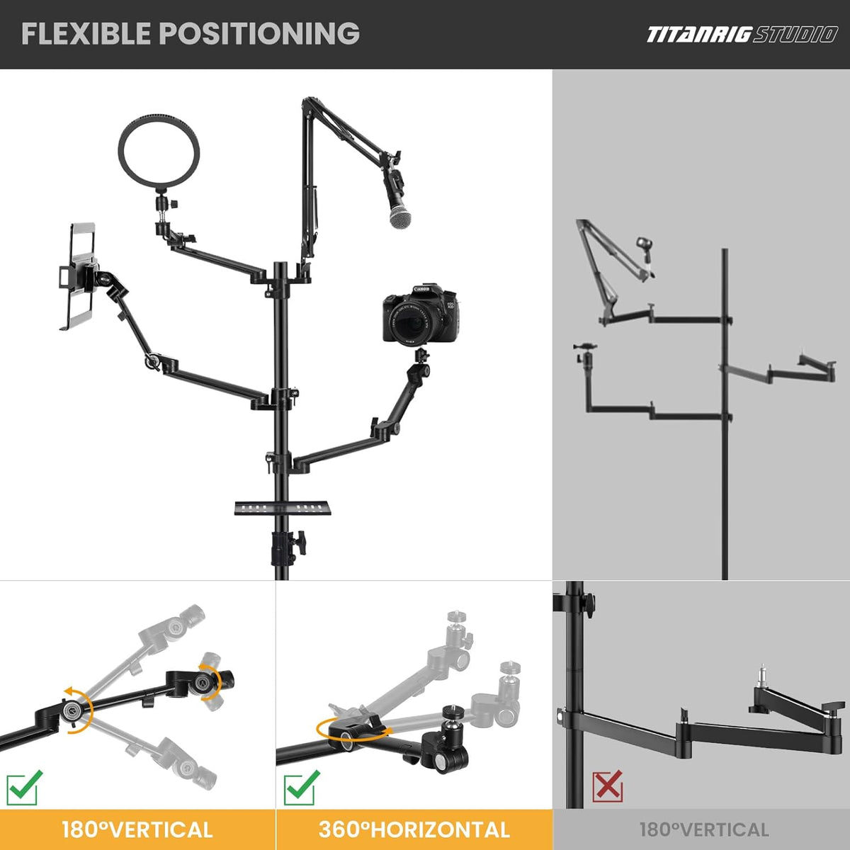 Mobiele Streamingstandaard – Vloerstandaard op Wielen – Vloerstatief – Camerastandaard – Microfoonstandaard – 5-In-1 Modulaire Studio-opstelling – 155 cm Hoog, 3 Vergrendelbare Wielen