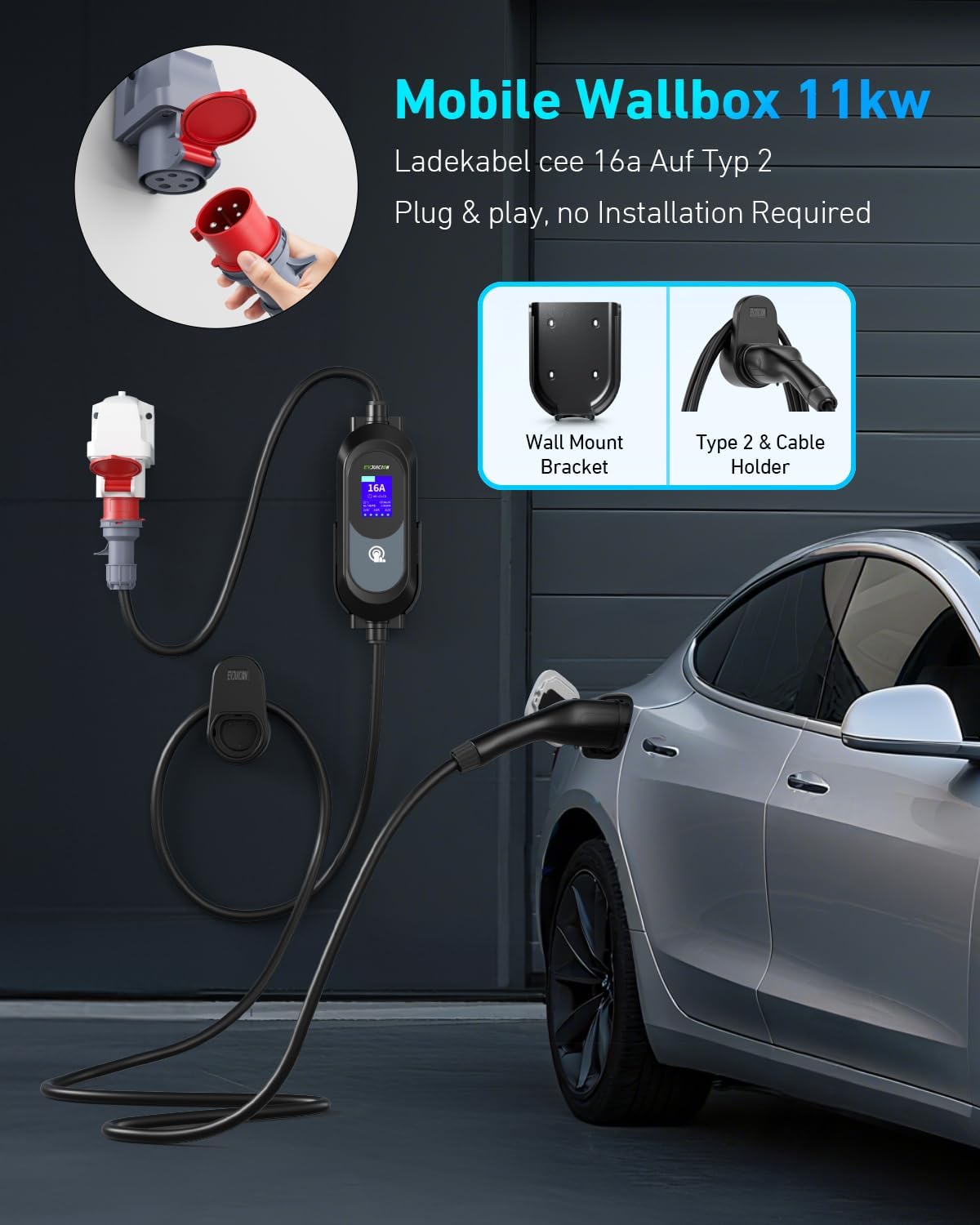 Evjuicion Elektrische autolader 11 kW CEE driefasig 6 A-16 A EV-lader type 2 met muurbeugel, digitaal display, instelbare laadtijd [0-12 uur] Draagbaarheid 6 m oplaadkabel type 2 met tas