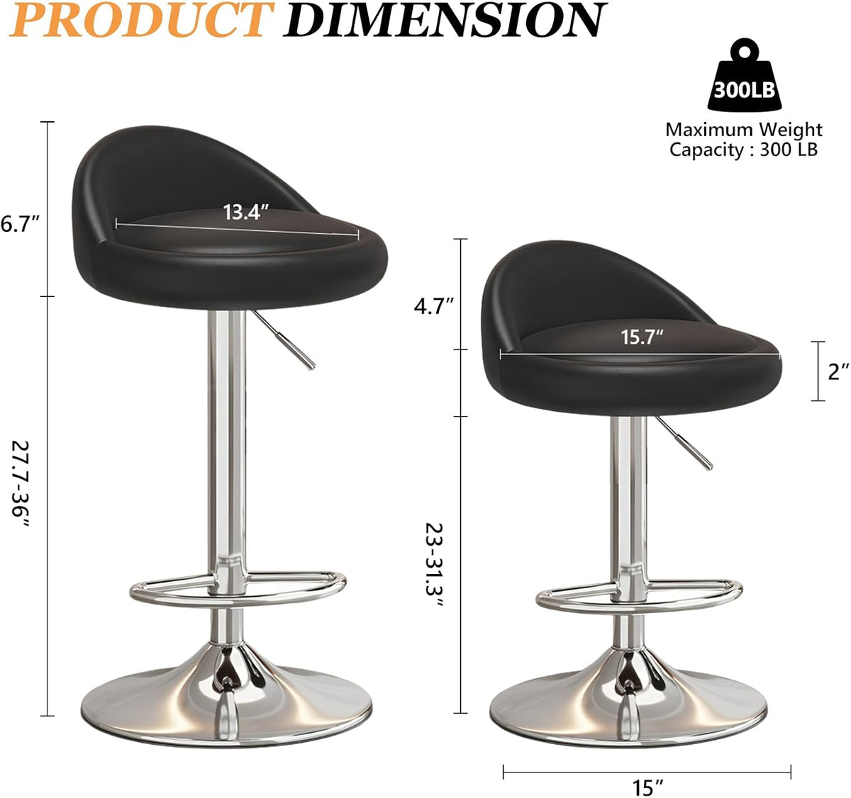 Set of 4 Bar Stools, Swivel and Height Adjustable Bar Stools with Low Backrest - QUORE