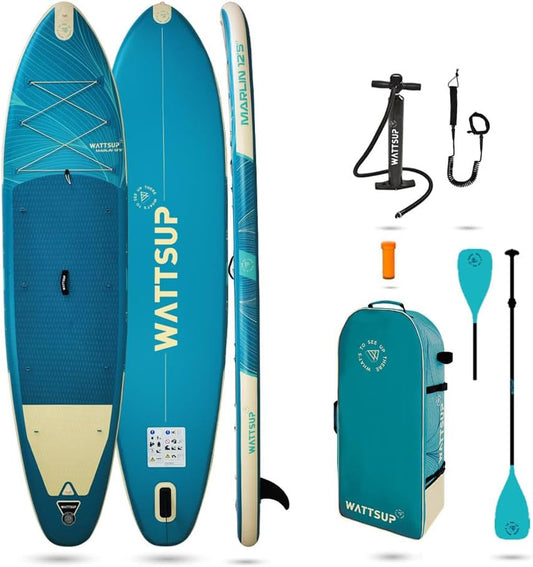 Wattsup - Sup Stand Up Paddle Opblaasbare Marlin 12'5-378x89x15cm Dropstitch - Compleet Pakket: peddel leash pomp draagtas - Tot 185kg -Blauw