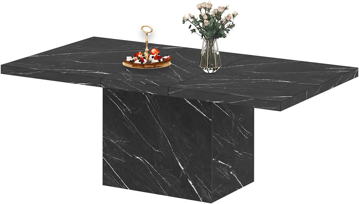 HSH Zwarte Faux Marmeren Eettafel, 63" Moderne Eettafel voor 6 Personen, Boerderij Rechthoekige Keuken Tafel voor Woonkamer, Lange Houten Eetkamer Tafel met Sterk Sokkel, Zwart Marmer, 63"