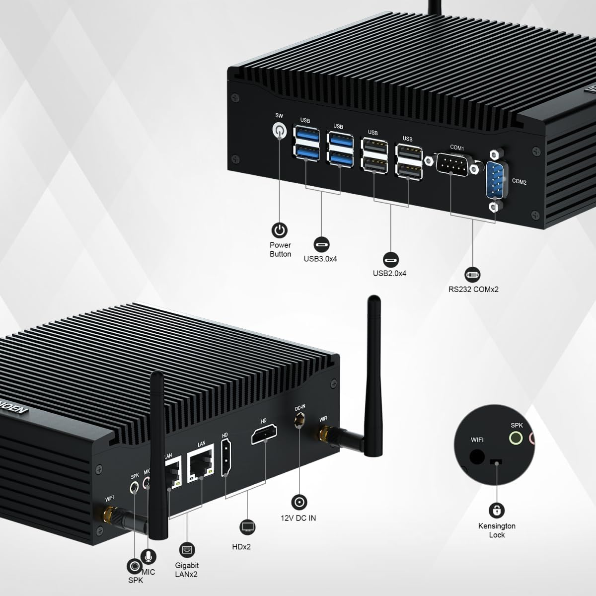 Stil Mini PC i5 WIN11 Pro 12V Fanless PC Industrial Core i5 8250U/8350U, 16GB RAM 512GB SSD, 2x HD 4k Output, 2x RS232 COM, WiFi, 2x Gigabit Lan, Mini Computer Industrieel PC Server, 4G SIM Slot
