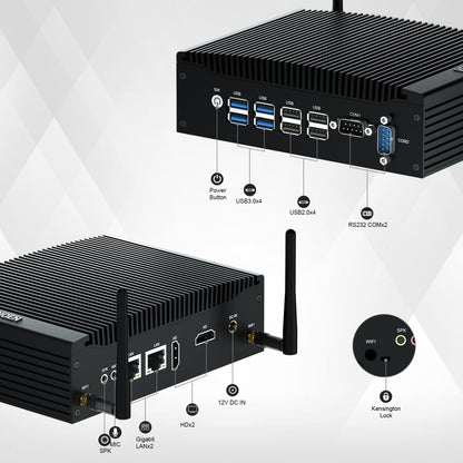 Stil Mini PC i5 WIN11 Pro 12V Fanless PC Industrial Core i5 8250U/8350U, 16GB RAM 512GB SSD, 2x HD 4k Output, 2x RS232 COM, WiFi, 2x Gigabit Lan, Mini Computer Industrieel PC Server, 4G SIM Slot