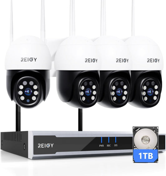 REIGY 5MP Security Camera System Outdoor Wifi with 1TB Hard Disk, Wireless CCTV Camera System Outdoor 16CH NVR+ 4x PT Video Camera (2880x1620P), Video Surveillance Kit with Motion Sensor Night Vision