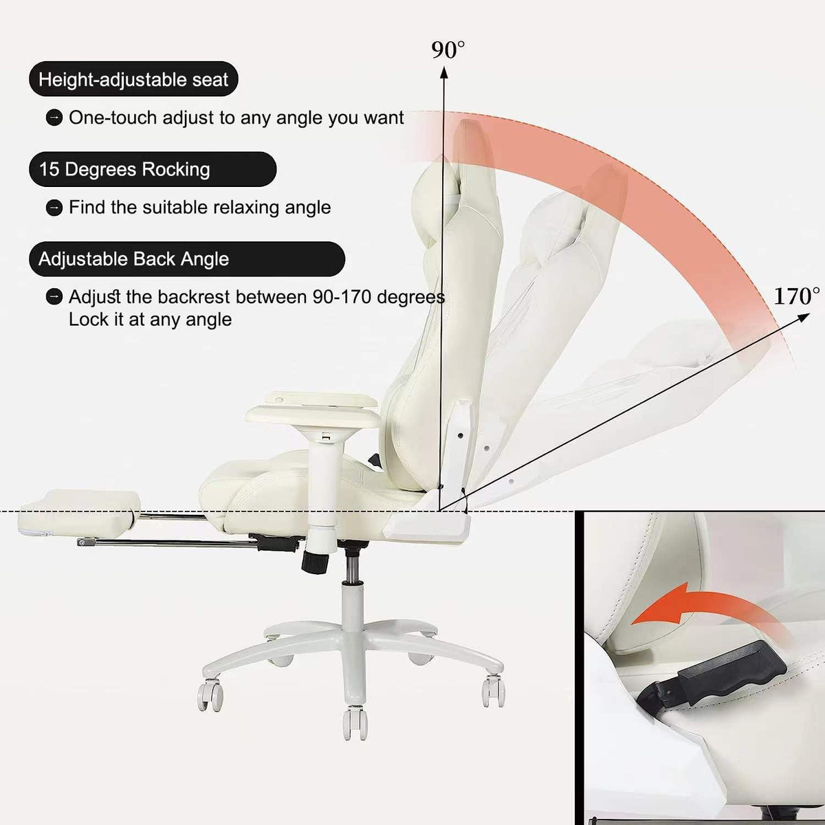 Gamingstoel, Bureaustoelen voor thuis, Ergonomische bureaustoel met voetensteun en lendensteun, Gamingstoelen voor volwassenen, Verstelbare bureaustoel met 360°- draaibare zitting voor mannen en