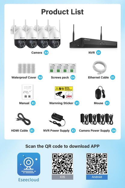 Jennov 5MP Draadloos Beveiligingscamerasysteem, 10CH NVR CCTV Camerasysteem met 1TB HDD, 4 Stuks PTZ Camera, Persoonsdetectie, Kleuren-nachtzicht, Automatisch Volgen, Tweeweg-audio
