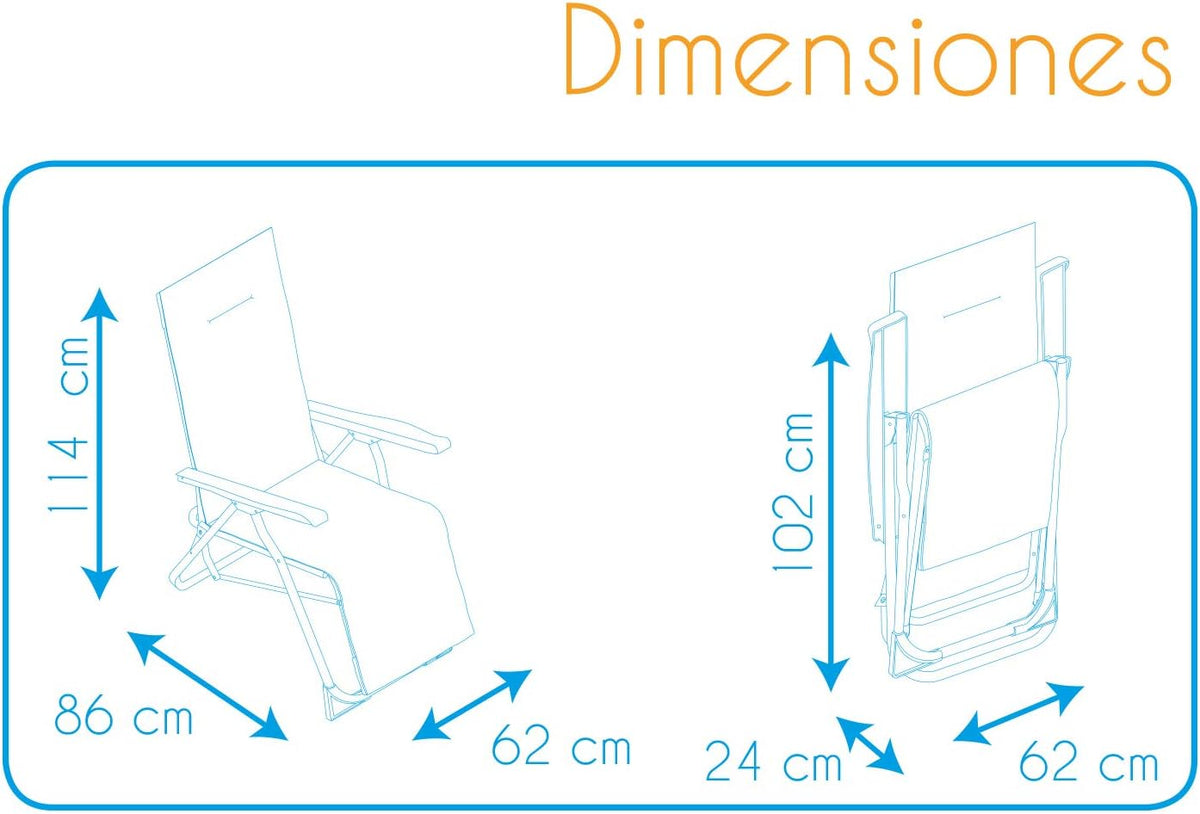 Opvouwbare ligstoel, verstelbaar, gewatteerd, 86 x 62 x 114 cm, 6 posities, met anatomische kop, wasbare stof en stabiliserende poten voor meer veiligheid