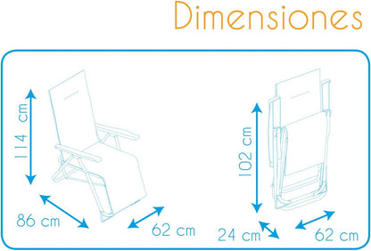 Opvouwbare ligstoel, verstelbaar, gewatteerd, 86 x 62 x 114 cm, 6 posities, met anatomische kop, wasbare stof en stabiliserende poten voor meer veiligheid
