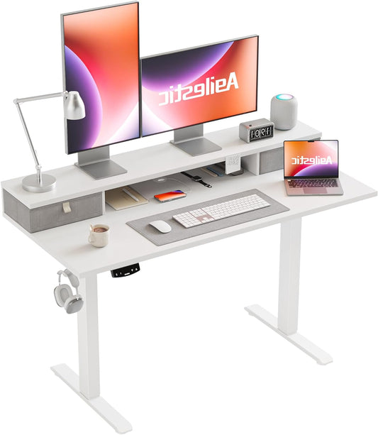 Agilestic Height Adjustable Desk with Two Drawers, 120 x 60 cm, Electric Computer Table with Memory Function, Office and Home Desk, White - QUORE