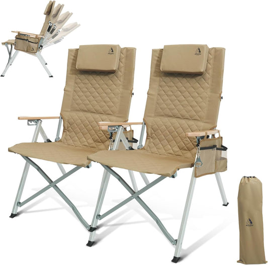 Campingstoel, opvouwbaar, hoge rugleuning, verstelbaar in 4 posities, tot 150 kg, klapstoel, tuinstoel, bekerhouder met zijvak, visstoel, outdoor, voor camping, tuin, balkon (kaki, 2 stuks)