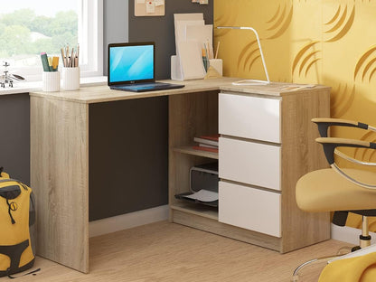 AKORD Corner Desk B-16 with 3 Drawers and 2 Shelves, Corner Desk for Home Office, L124 x H77 x D85, 48 kg, Sonoma Oak and White Front - QUORE