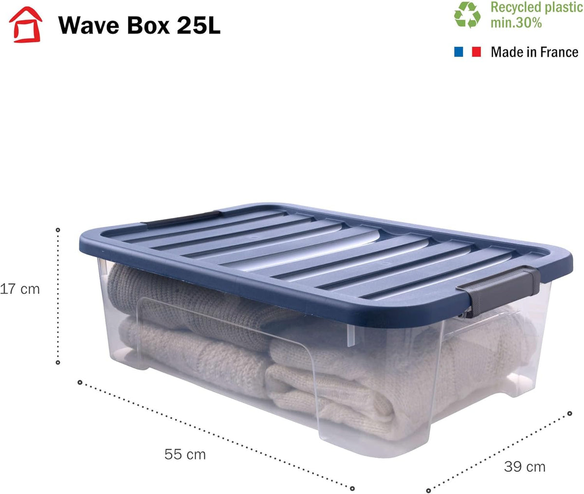 SUNDIS Wave Box, 9er-set Aufbewahrungsboxen mit deckel, 25L, mit clips, transparentem Kunststoff, stapelbar, ideal zum Aufbewahren unter dem Bett, im Ankleidezimmer, im Büro, im Waschküche