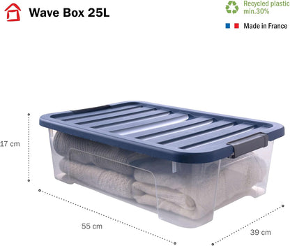 SUNDIS Wave Box, 9er-set Aufbewahrungsboxen mit deckel, 25L, mit clips, transparentem Kunststoff, stapelbar, ideal zum Aufbewahren unter dem Bett, im Ankleidezimmer, im Büro, im Waschküche