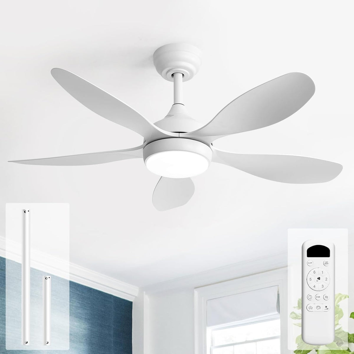 Sofucor Plafondventilator met verlichting en afstandsbediening, 5 vleugels, DC, timer, 3 kleurtemperaturen, 6 snelheden, zomer winterwerking, stille witte plafondventilator met licht