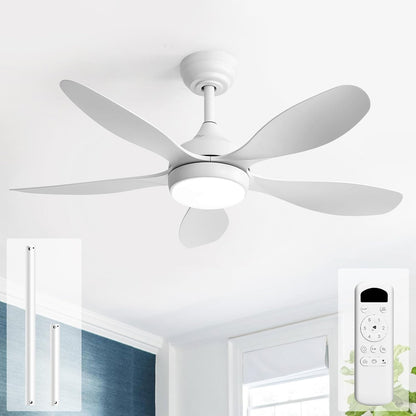 Sofucor Plafondventilator met verlichting en afstandsbediening, 5 vleugels, DC, timer, 3 kleurtemperaturen, 6 snelheden, zomer winterwerking, stille witte plafondventilator met licht