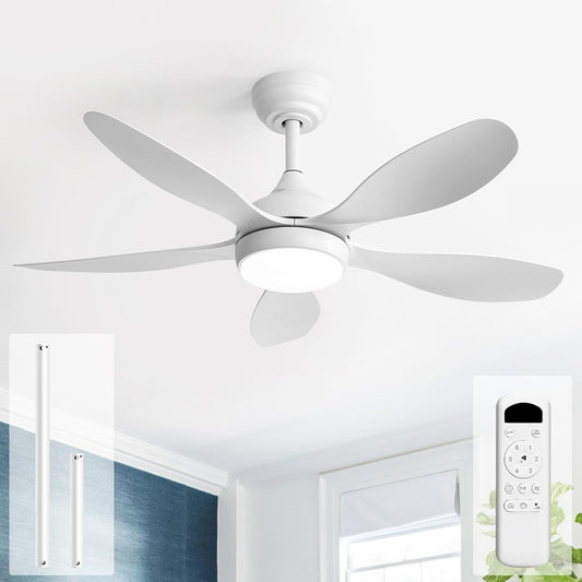 Sofucor Plafondventilator met verlichting en afstandsbediening, 5 vleugels, DC, timer, 3 kleurtemperaturen, 6 snelheden, zomer winterwerking, stille witte plafondventilator met licht