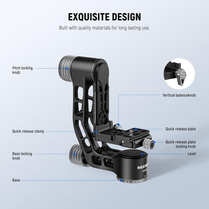 NEEWER GM102 Gimbalkop voor statief, monopod, telelens, 360° panorama-camera-statiefkop, 3-assige instelling, hoogwaardige CNC-aluminiumlegering, Arca-type snelspansysteem, maximaal 15 kg