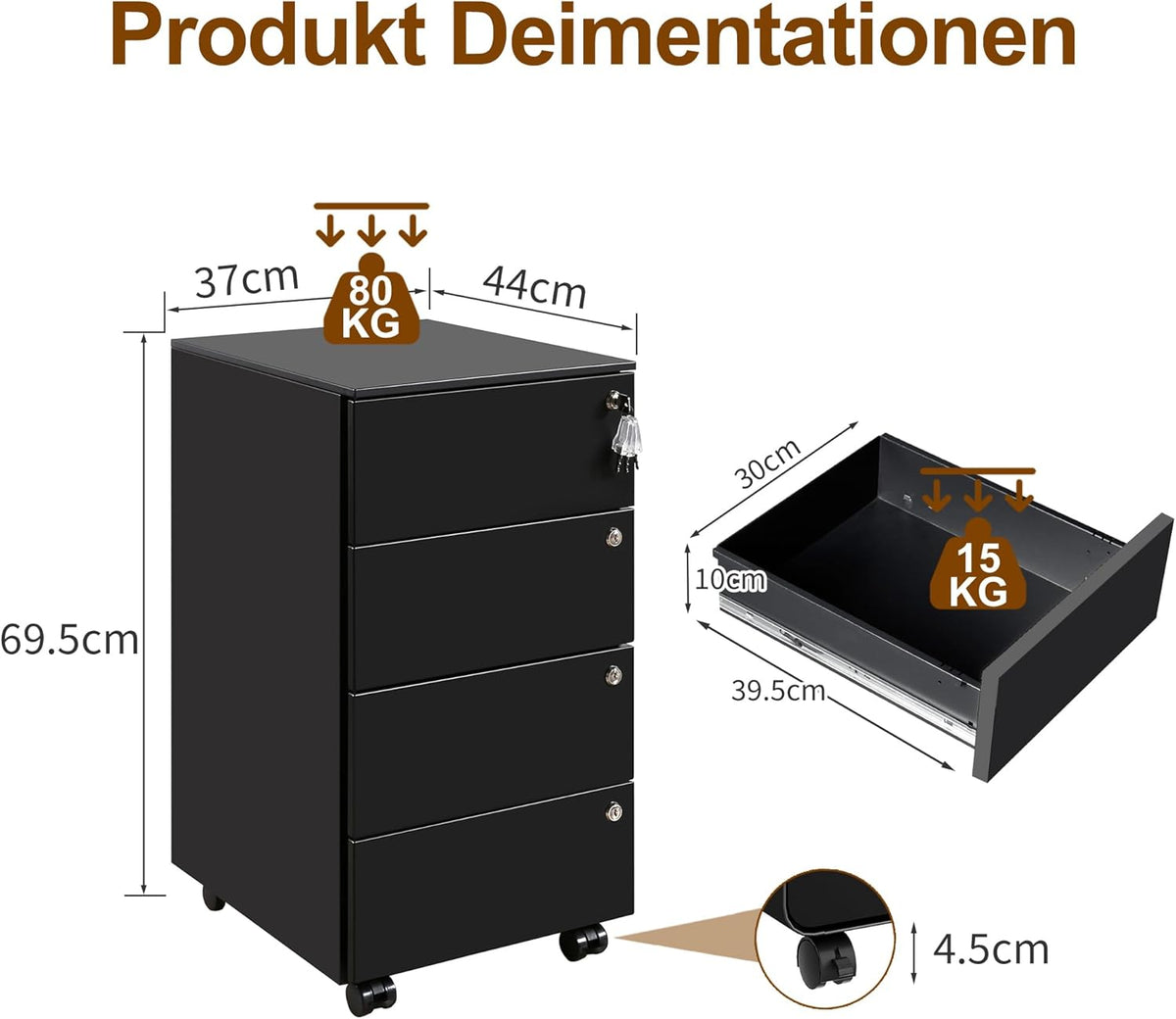 Rollcontainer, mobiele archiefkast, 4 laden, 4 sloten, zwart OFC141B02HI