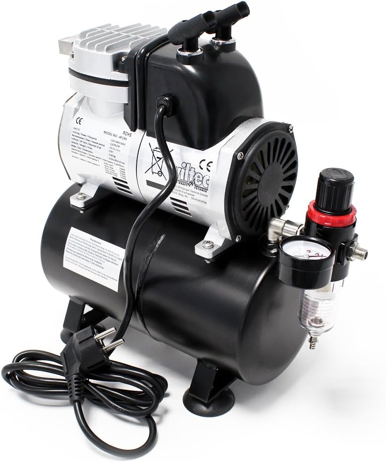 Wiltec airbrush zuigercompressor AF189 airbrushcompressor met 1 cilinder en luchttank voor werking tot 6 bar met manometer