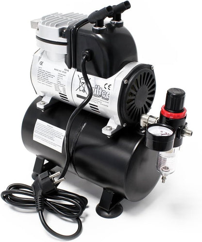 Wiltec airbrush zuigercompressor AF189 airbrushcompressor met 1 cilinder en luchttank voor werking tot 6 bar met manometer