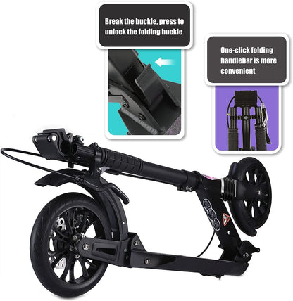 ISE Scooter van aluminium, opvouwbaar, 2 wielen, verstelbare stuurhoogte, dubbel schokabsorberend en remsysteem, groot wiel met antislipband, voor volwassenen en jongeren vanaf 12 jaar
