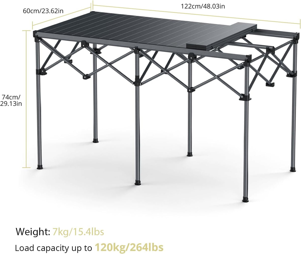 Anbte Campingtafel, grilltafel, 122 x 60 x 74 cm (l x b x h), extra groot, aluminium roltafel, X-frame, klaptafel voor 6 tot 8 personen, draagvermogen tot 120 kg, met draagtas, voor tuin, strand