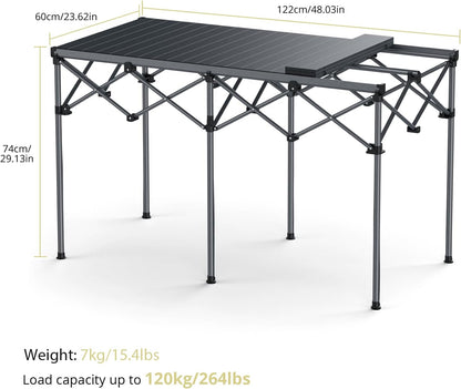 Anbte Campingtafel, grilltafel, 122 x 60 x 74 cm (l x b x h), extra groot, aluminium roltafel, X-frame, klaptafel voor 6 tot 8 personen, draagvermogen tot 120 kg, met draagtas, voor tuin, strand
