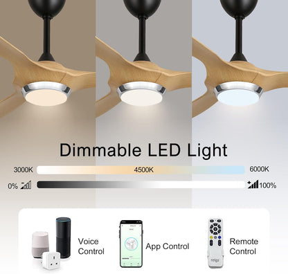 reiga 132cm Moderne Binnenplafondventilator met Lampen en Afstandsbediening, 3 ABS-bladen in Origineel Houtkleur, Dimbaar LED-verlichting, Werkt met Alexa/Smart Life