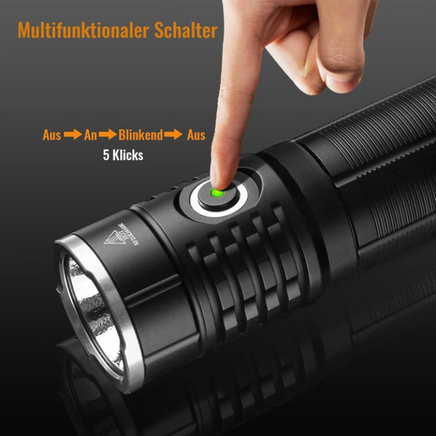 Zaklamp - Tactische Zaklamp - Krachtige - Oplaadbare - Draagbare - met 6 Helderheidsmodi - Li-Ion Batterij - Powerbankfunctie - voor Zoeken - Wandelen - Noodsituatie - 5000Lm - 5V - ‎IPX8 - Zwart