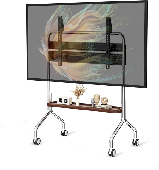Mobiele tv-kar – Verrijdbare tv-standaard, rollende tv-standaard, tv-wagen, tv-standaard met wielen – Voor 32-75 inch LCD LED OLED flatpanel schermen – Roestvrij staal met vergrendelbare wielen en enkellaags houten opbergplank