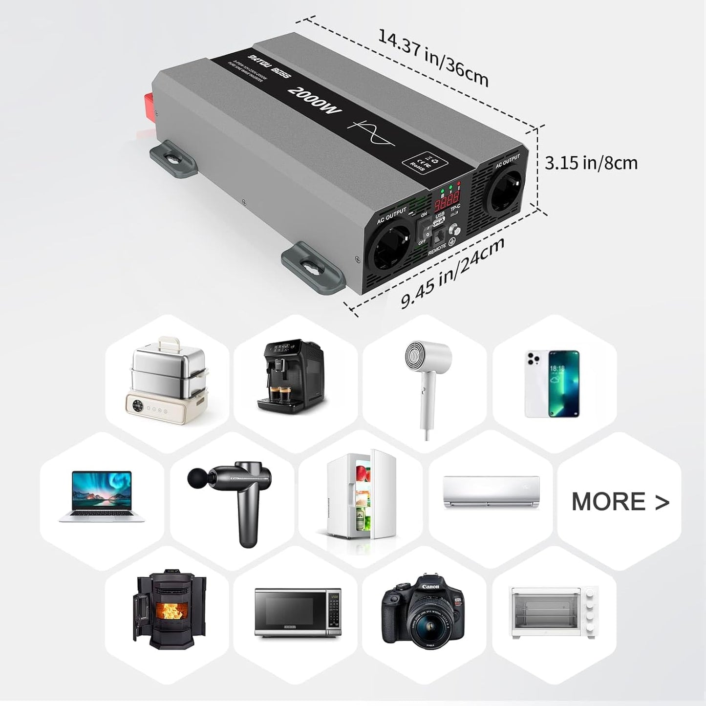 DATOUBOSS Omvormer 12V 230V 2000W Piek 4000W Zuivere Sinusgolven Omvormer, Vermogensomvormer met 2 EU Stopcontacten, USB/PD Uitgang en LCD Scherm. Geschikt voor Camper, Auto