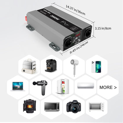 DATOUBOSS Omvormer 12V 230V 2000W Piek 4000W Zuivere Sinusgolven Omvormer, Vermogensomvormer met 2 EU Stopcontacten, USB/PD Uitgang en LCD Scherm. Geschikt voor Camper, Auto
