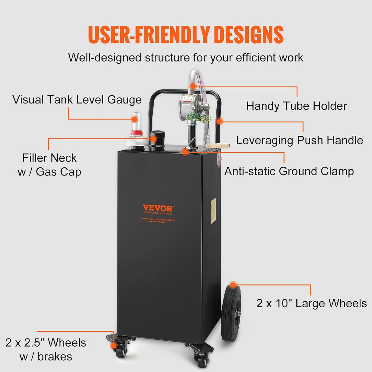 VEVOR Fuel Truck, 35 Gallon, 4 Wheels Petrol Storage Tank, Manual Transfer Pump Diesel Petrol Fuel Tank for Cars, Lawnmowers, Mountain Bikes, Boats, Black