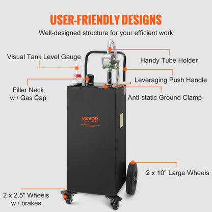 VEVOR Fuel Truck, 35 Gallon, 4 Wheels Petrol Storage Tank, Manual Transfer Pump Diesel Petrol Fuel Tank for Cars, Lawnmowers, Mountain Bikes, Boats, Black