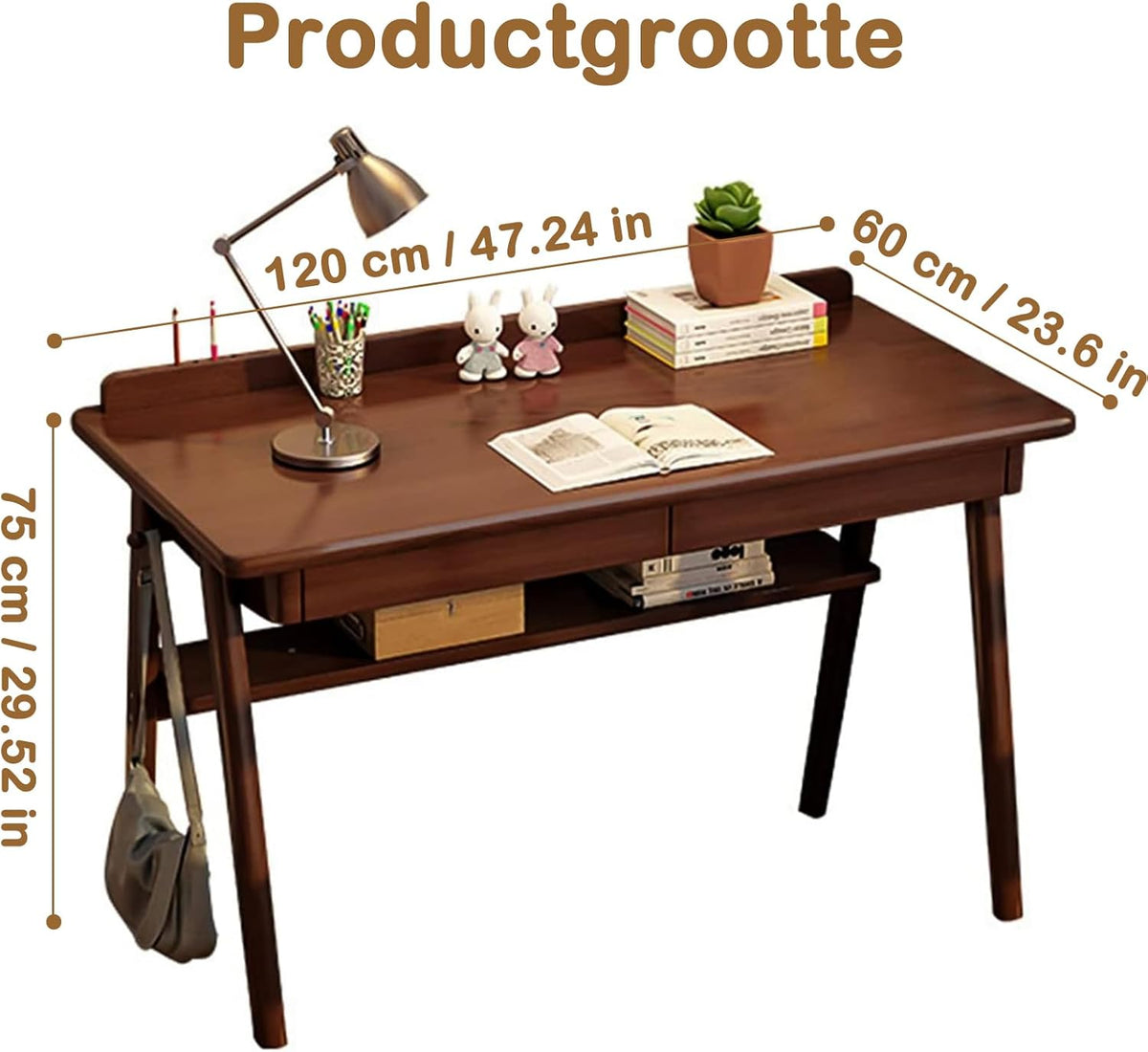 Bureau met 2 Laden, Computer Bureau, Walnoot Massief Houten Bureau, Werktafel om Studeren en Schrijven, PC-Tafel voor Thuis en Kantoor, 120 x 60 x 75 cm, Walnoot